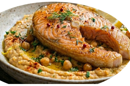 Darne de saumon sur un lit de pois chiches au cumin