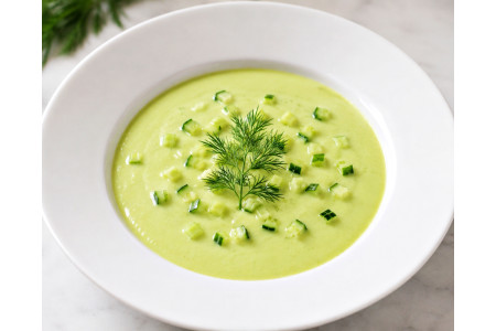 Recette Velouté Glacé Concombre-Avocat à l’Aneth et lait de coco