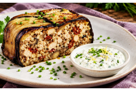 Recette Terrine froide d’aubergines au sarrasin bio et farce de poulet